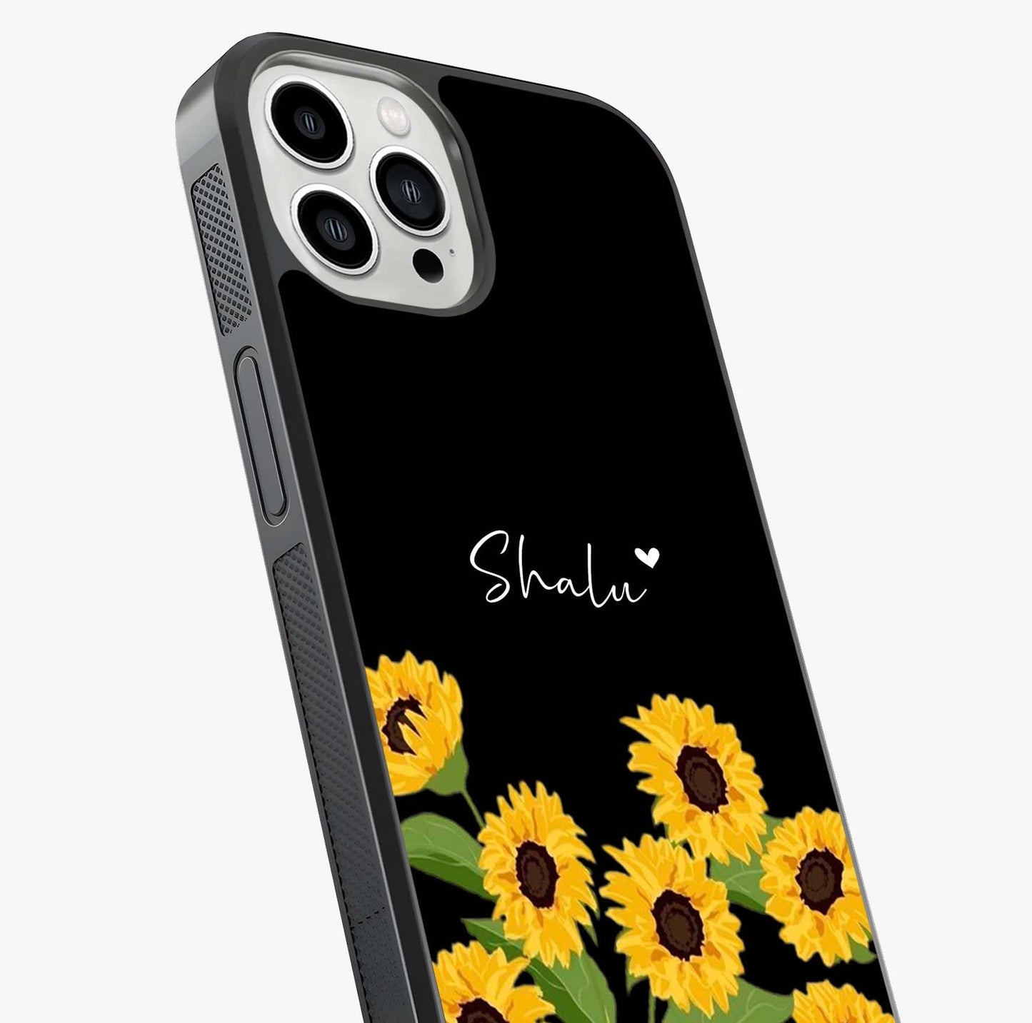 Sunflower Chic Mood Custom Name Glass Case captured at a warm angle highlighting gloss, texture and premium glass finish.