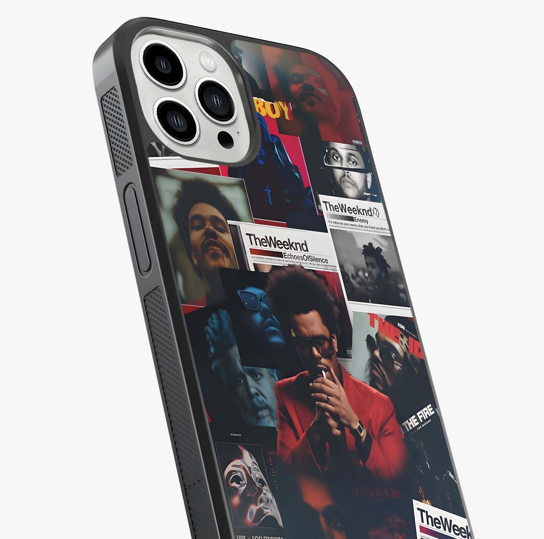The Weeknd Glass Case captured at a warm angle highlighting gloss, texture and premium glass finish.