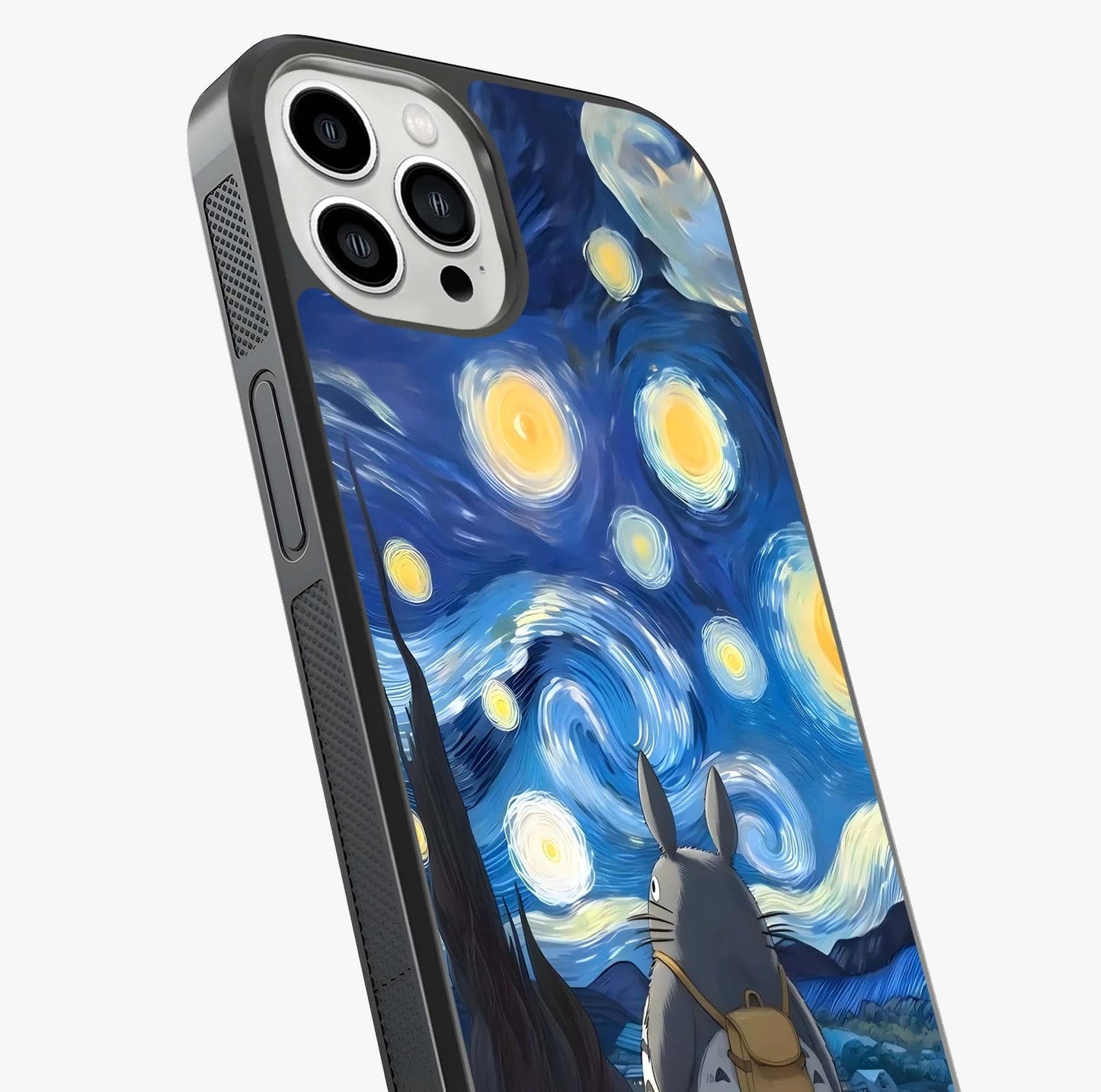 Totoro In Van Gogh Art Glass Case captured at a warm angle highlighting gloss, texture and premium glass finish.