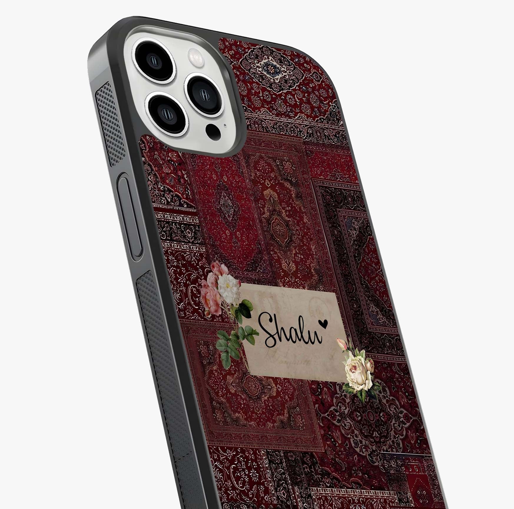 Velvet Wine Pattern Custom Name Glass Case captured at a warm angle highlighting gloss, texture and premium glass finish.