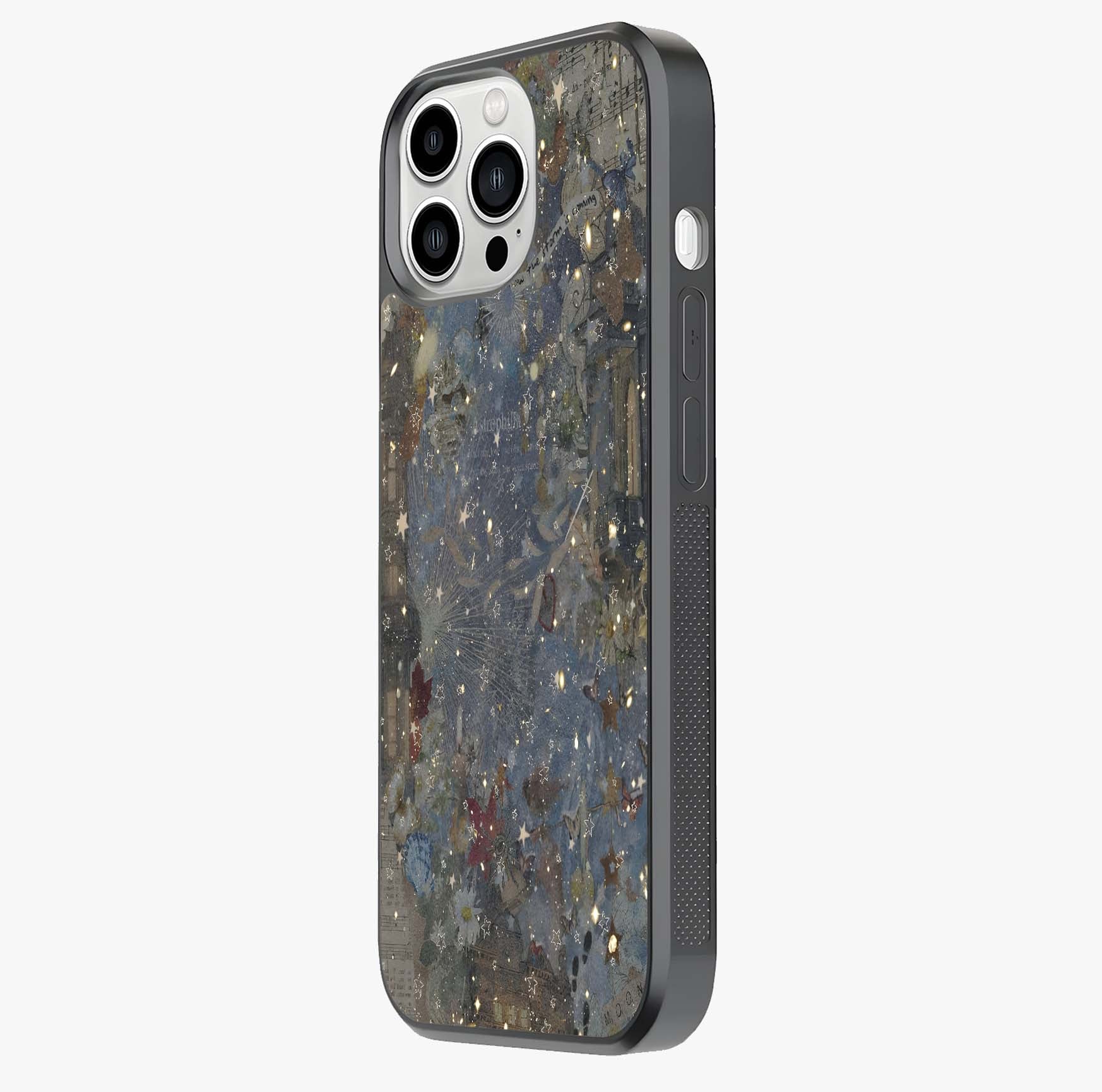 Aesthetic Astrolophia Glass Case photographed in natural light showing reflective finish and design depth.