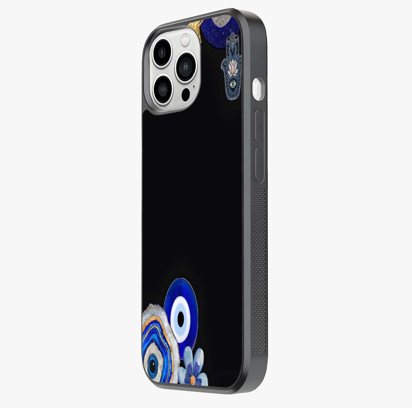 Aesthetic Blue Evil Eye Glass Case photographed in natural light showing reflective finish and design depth.