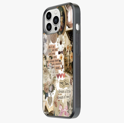 Aesthetic Brown Vintage Collage Glass Case photographed in natural light showing reflective finish and design depth.