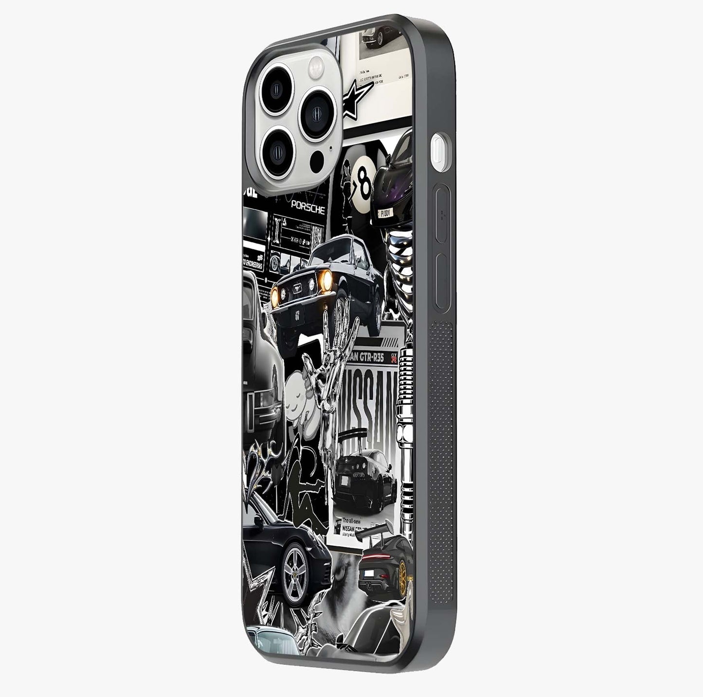 Aesthetic Dark Love Glass Case photographed in natural light showing reflective finish and design depth.
