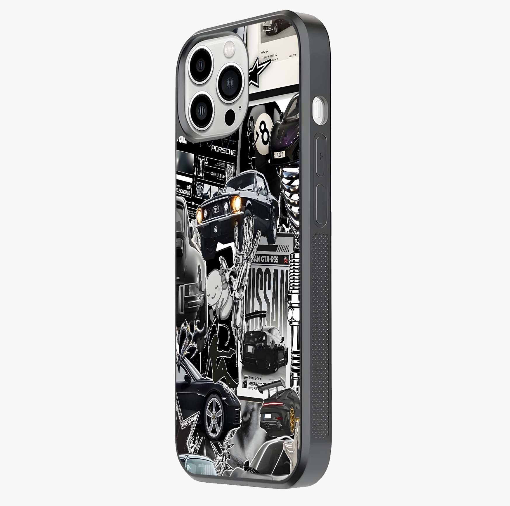 Aesthetic Dark Love Glass Case photographed in natural light showing reflective finish and design depth.