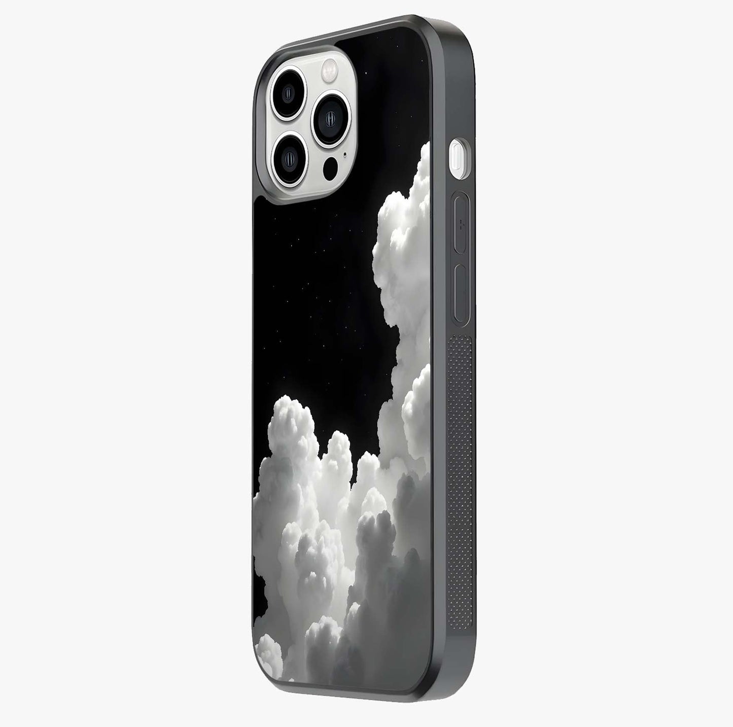 Black Background With White Cloud Glass Case photographed in natural light showing reflective finish and design depth.