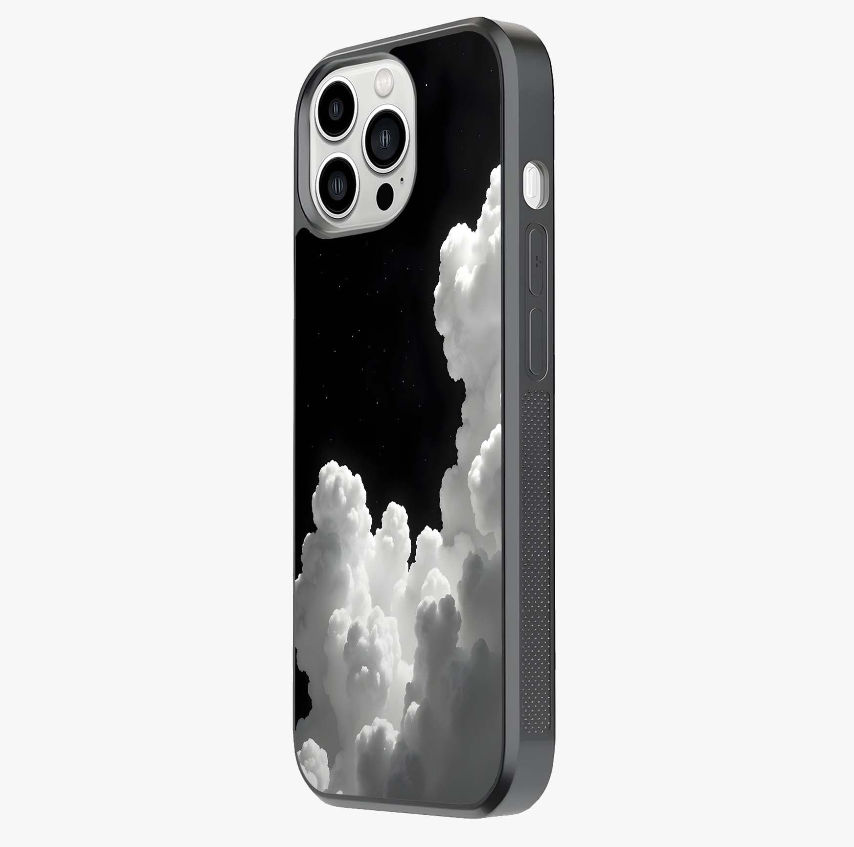 Black Background With White Cloud Glass Case photographed in natural light showing reflective finish and design depth.