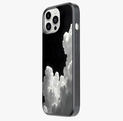 Black Background With White Cloud Glass Case photographed in natural light showing reflective finish and design depth.