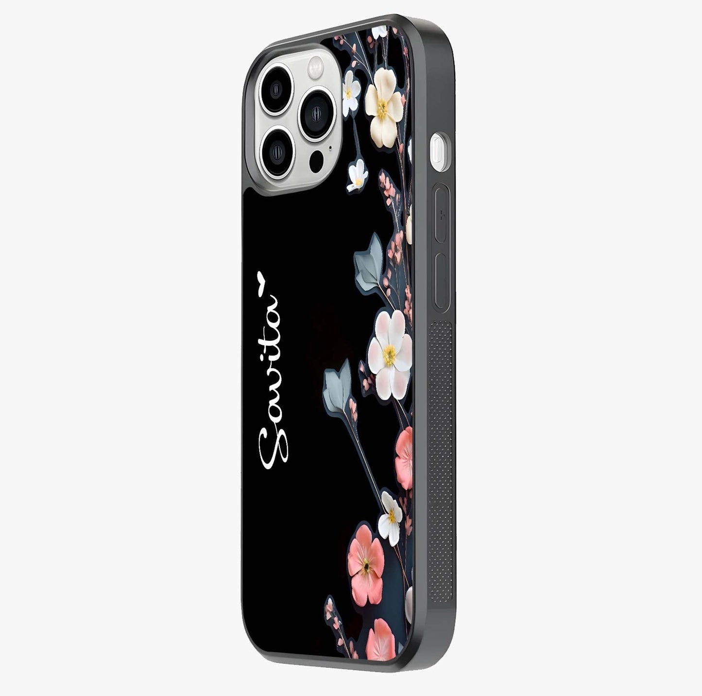 Black Elegance Floral Custom Name Glass Case photographed in natural light showing reflective finish and design depth.