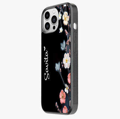 Black Elegance Floral Custom Name Glass Case photographed in natural light showing reflective finish and design depth.