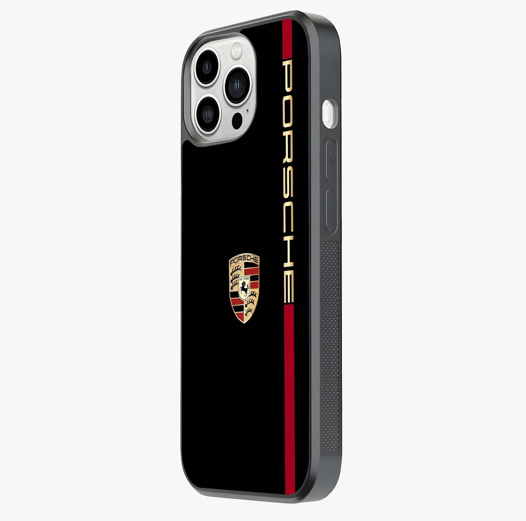 Black Minimal Porsche Glass Case photographed in natural light showing reflective finish and design depth.