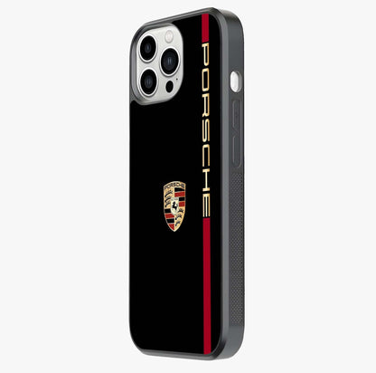 Black Minimal Porsche Glass Case photographed in natural light showing reflective finish and design depth.