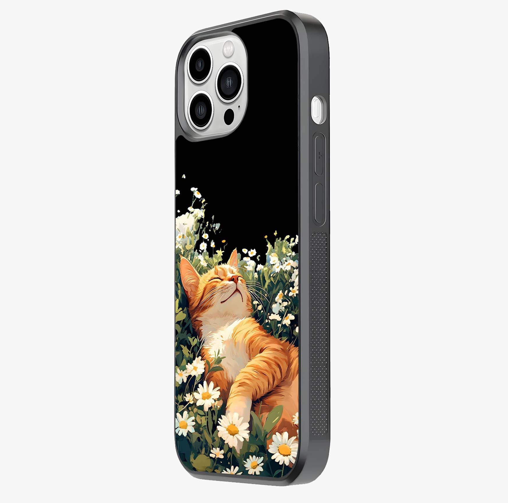 Blissful Bloom Cat Glass Case photographed in natural light showing reflective finish and design depth.