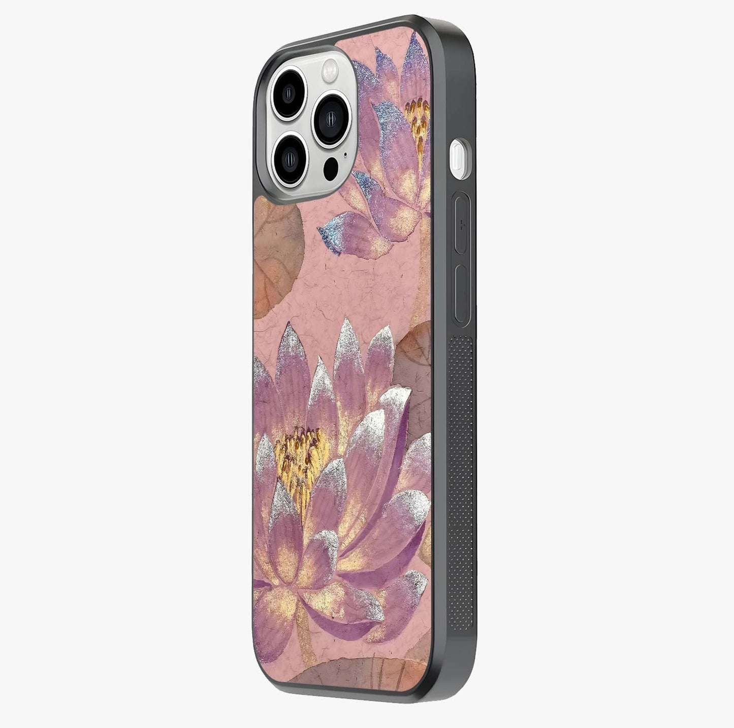 Blossom Mist Lotus Glass Case photographed in natural light showing reflective finish and design depth.
