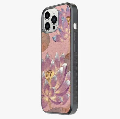Blossom Mist Lotus Glass Case photographed in natural light showing reflective finish and design depth.