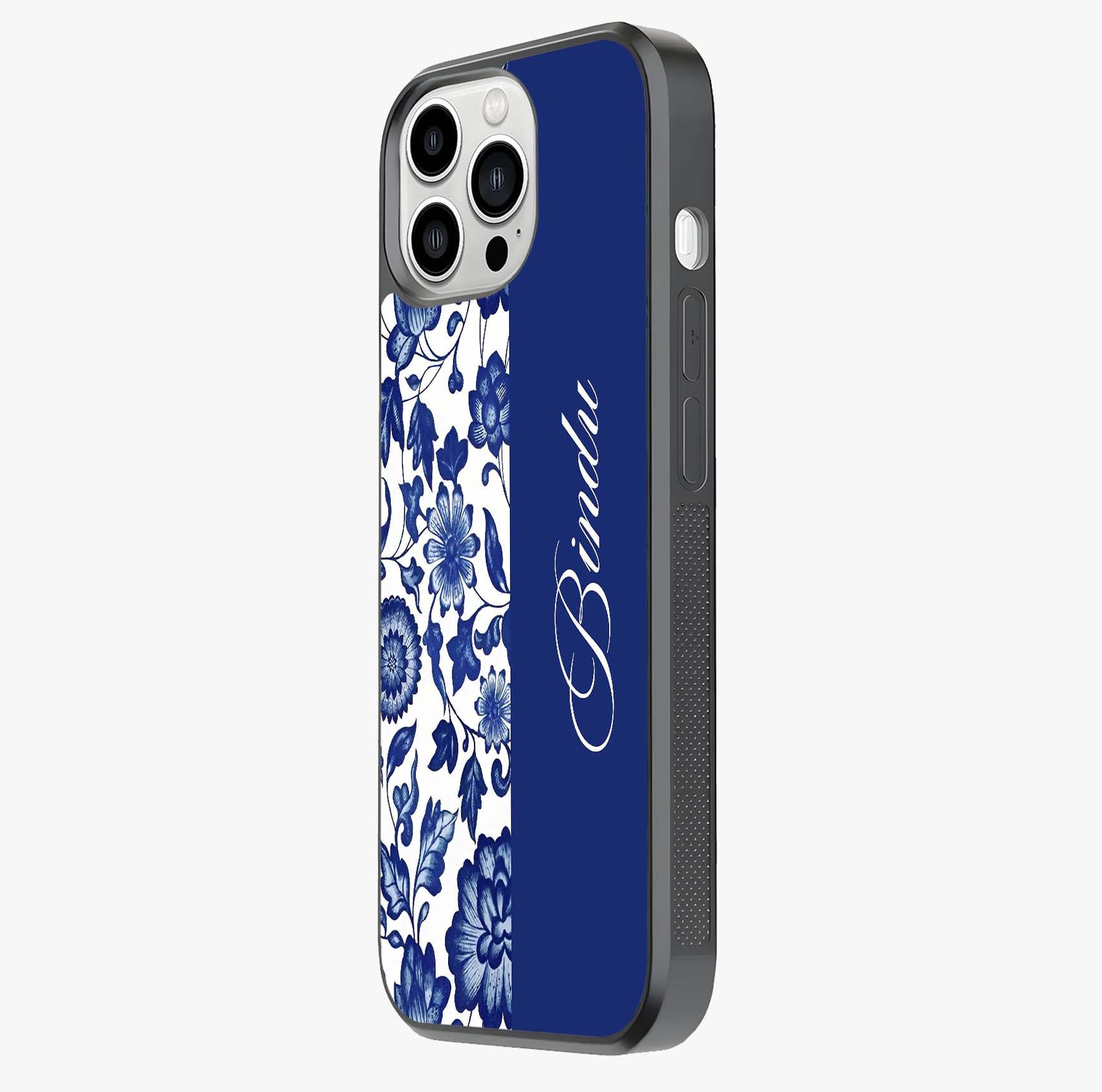 Blue Vintage Floral Pattern Glass Case photographed in natural light showing reflective finish and design depth.