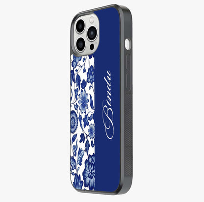 Blue Vintage Floral Pattern Glass Case photographed in natural light showing reflective finish and design depth.