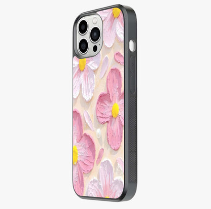 Blush Bloom Texture Glass Case photographed in natural light showing reflective finish and design depth.