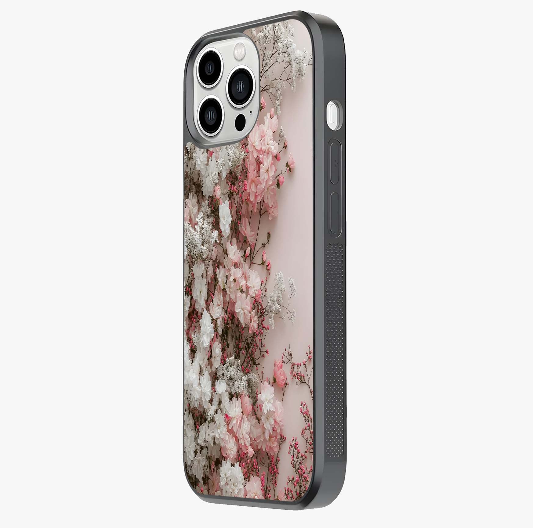 Blush Blossom Cloud Glass Case photographed in natural light showing reflective finish and design depth.