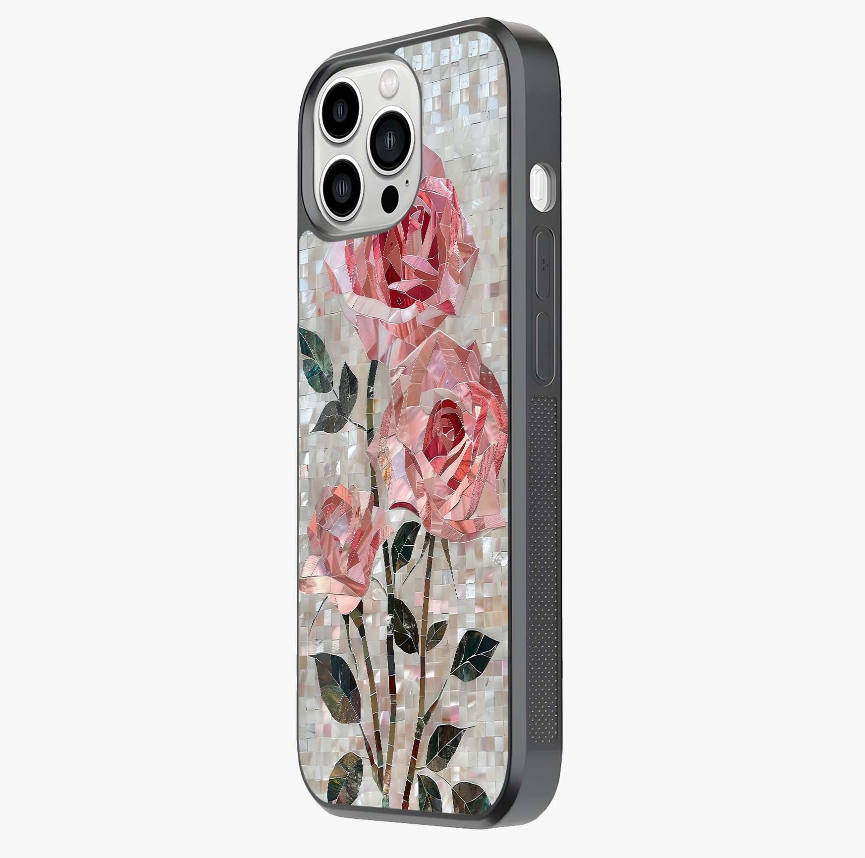 Blush Mosaic Bloom Glass Case photographed in natural light showing reflective finish and design depth.