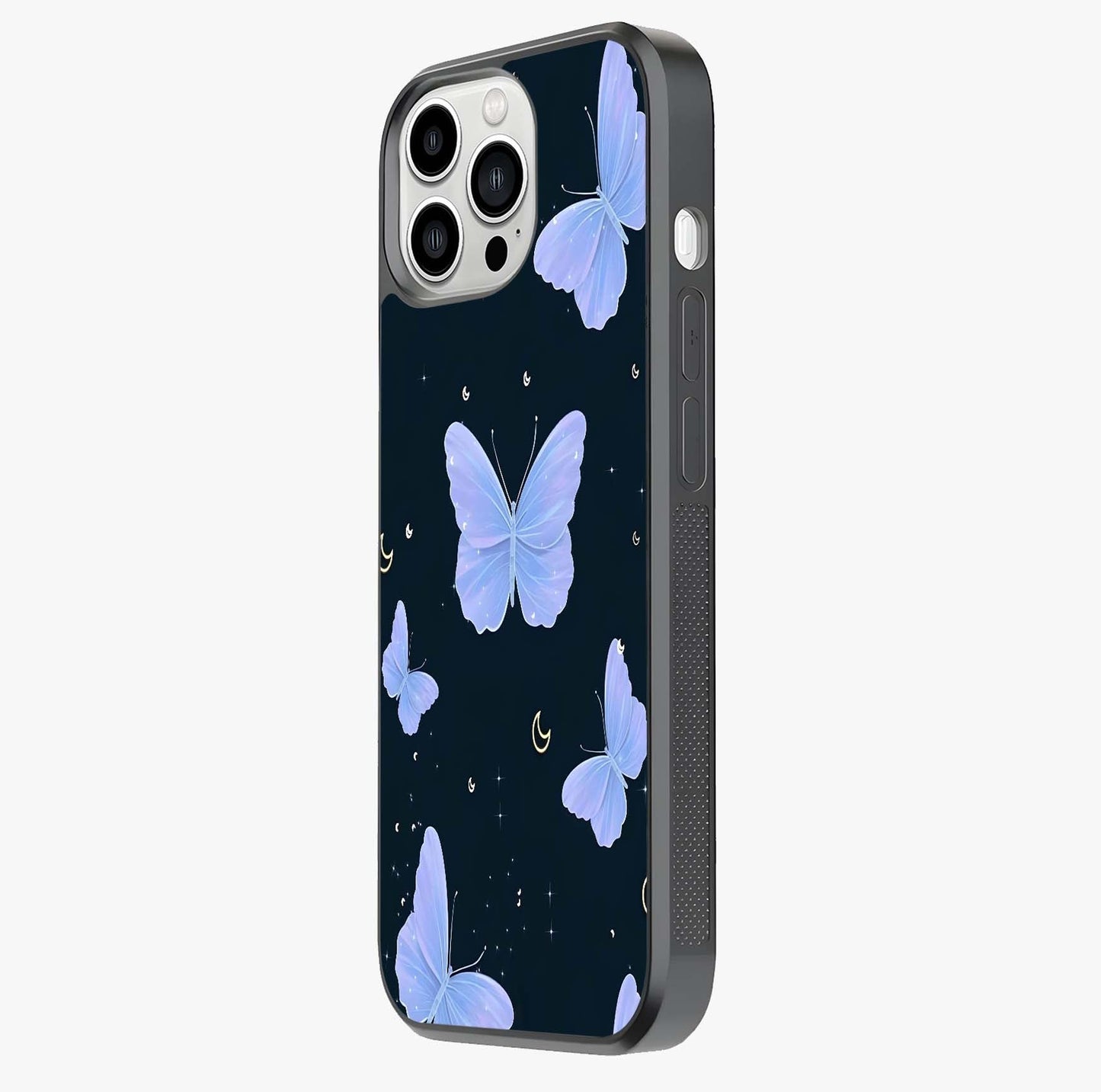 Butterfly With Stars Pattern Glass Case photographed in natural light showing reflective finish and design depth.