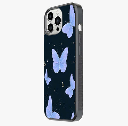 Butterfly With Stars Pattern Glass Case photographed in natural light showing reflective finish and design depth.
