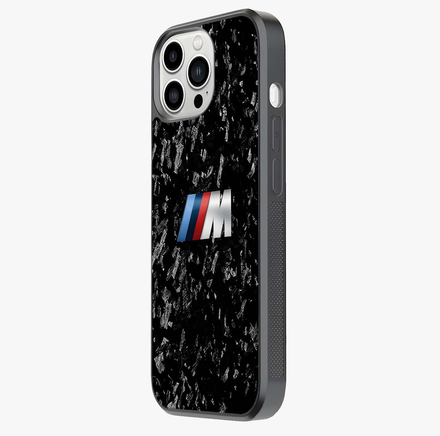 Carbon Speed Mark Glass Case photographed in natural light showing reflective finish and design depth.