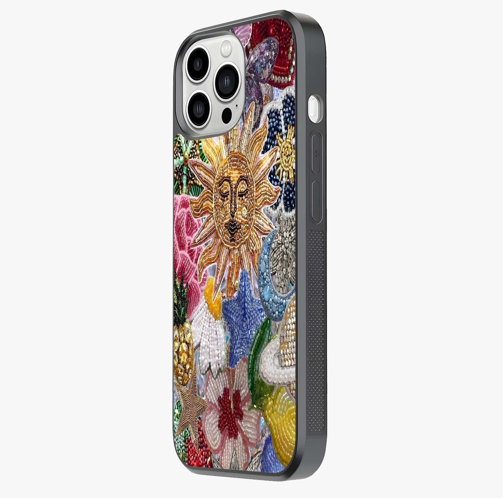 Celestial Floral And Playful Glass Case photographed in natural light showing reflective finish and design depth.