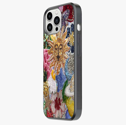 Celestial Floral And Playful Glass Case photographed in natural light showing reflective finish and design depth.
