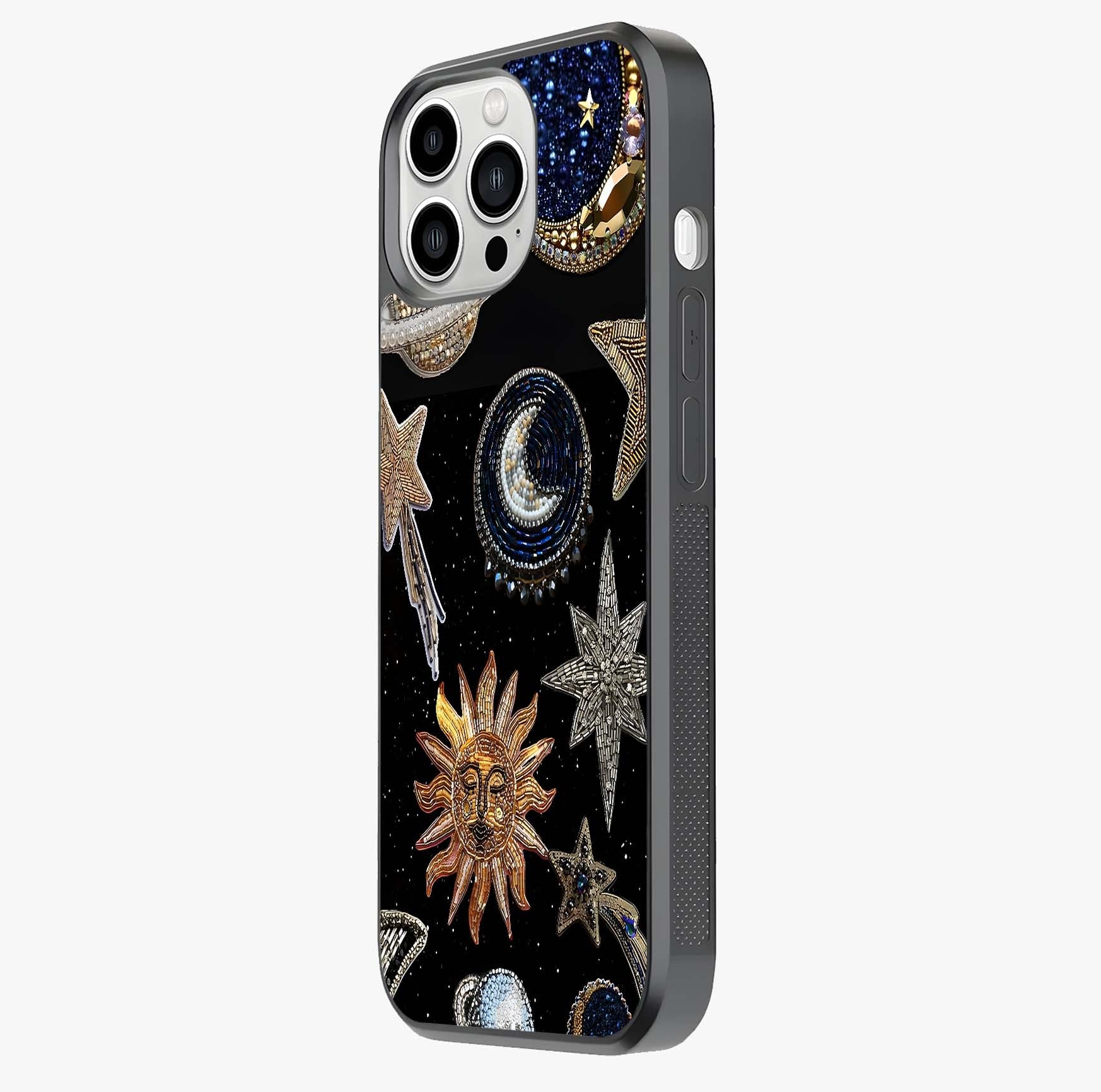 Celestial Gem Constellations Glass Case photographed in natural light showing reflective finish and design depth.
