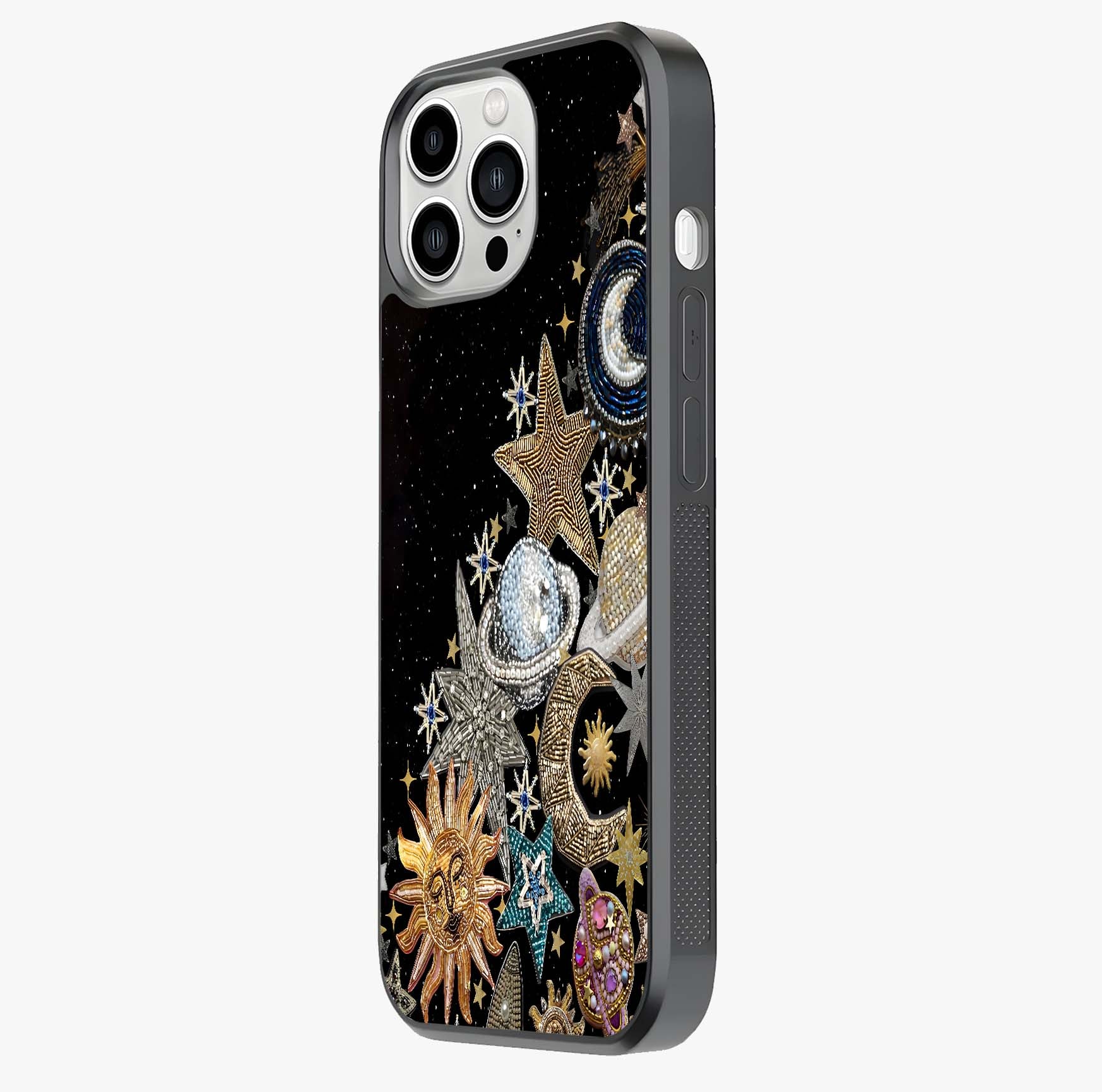 Cosmic Sparkle Dreams Glass Case photographed in natural light showing reflective finish and design depth.