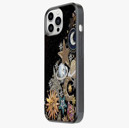 Cosmic Sparkle Dreams Glass Case photographed in natural light showing reflective finish and design depth.