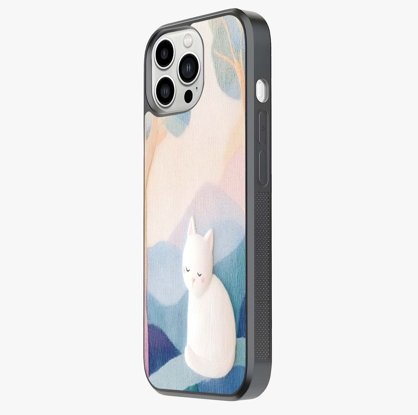Cotton Dream Cat Glass Case photographed in natural light showing reflective finish and design depth.