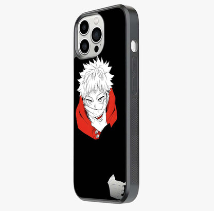 Crimson Chaos Smile Glass Case photographed in natural light showing reflective finish and design depth.