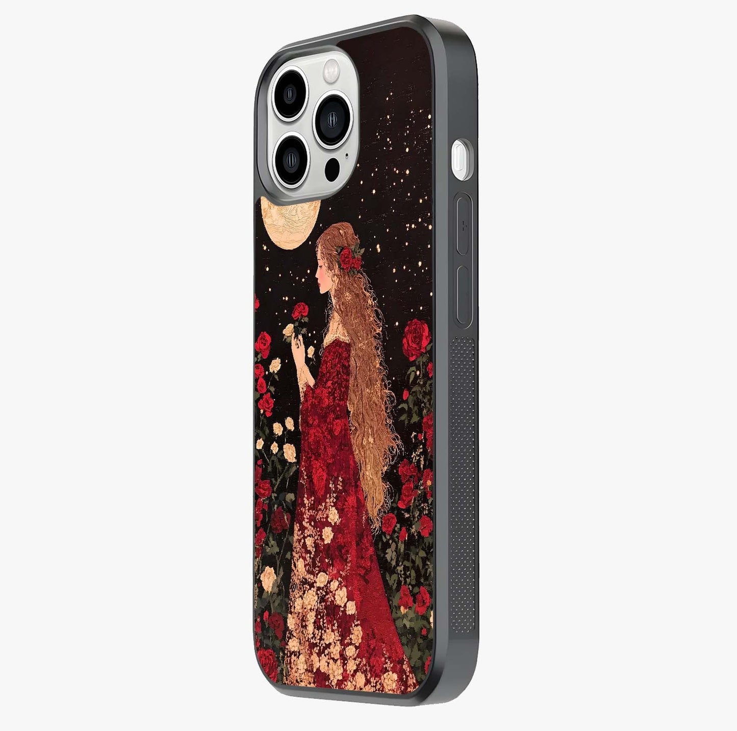 Crimson Dreams Glass Case photographed in natural light showing reflective finish and design depth.