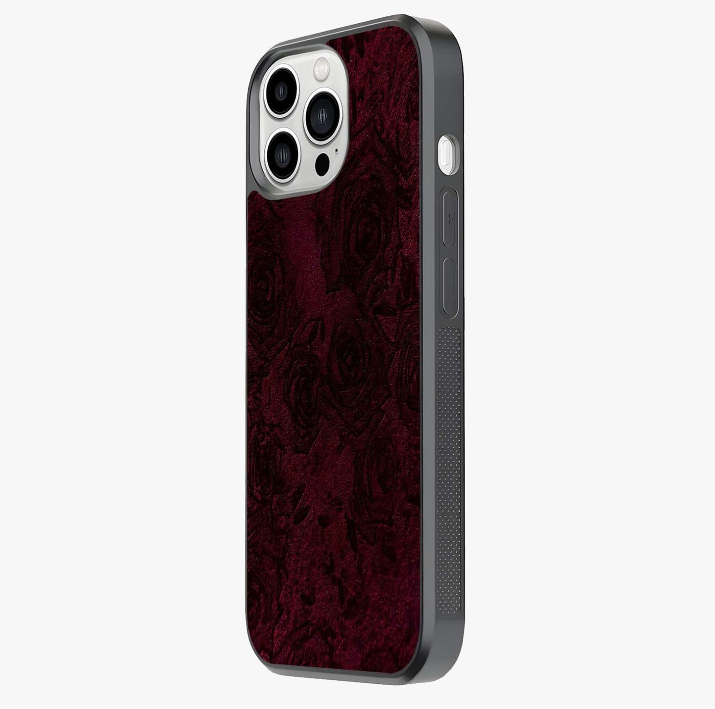 Crimson Fade Flow Glass Case photographed in natural light showing reflective finish and design depth.