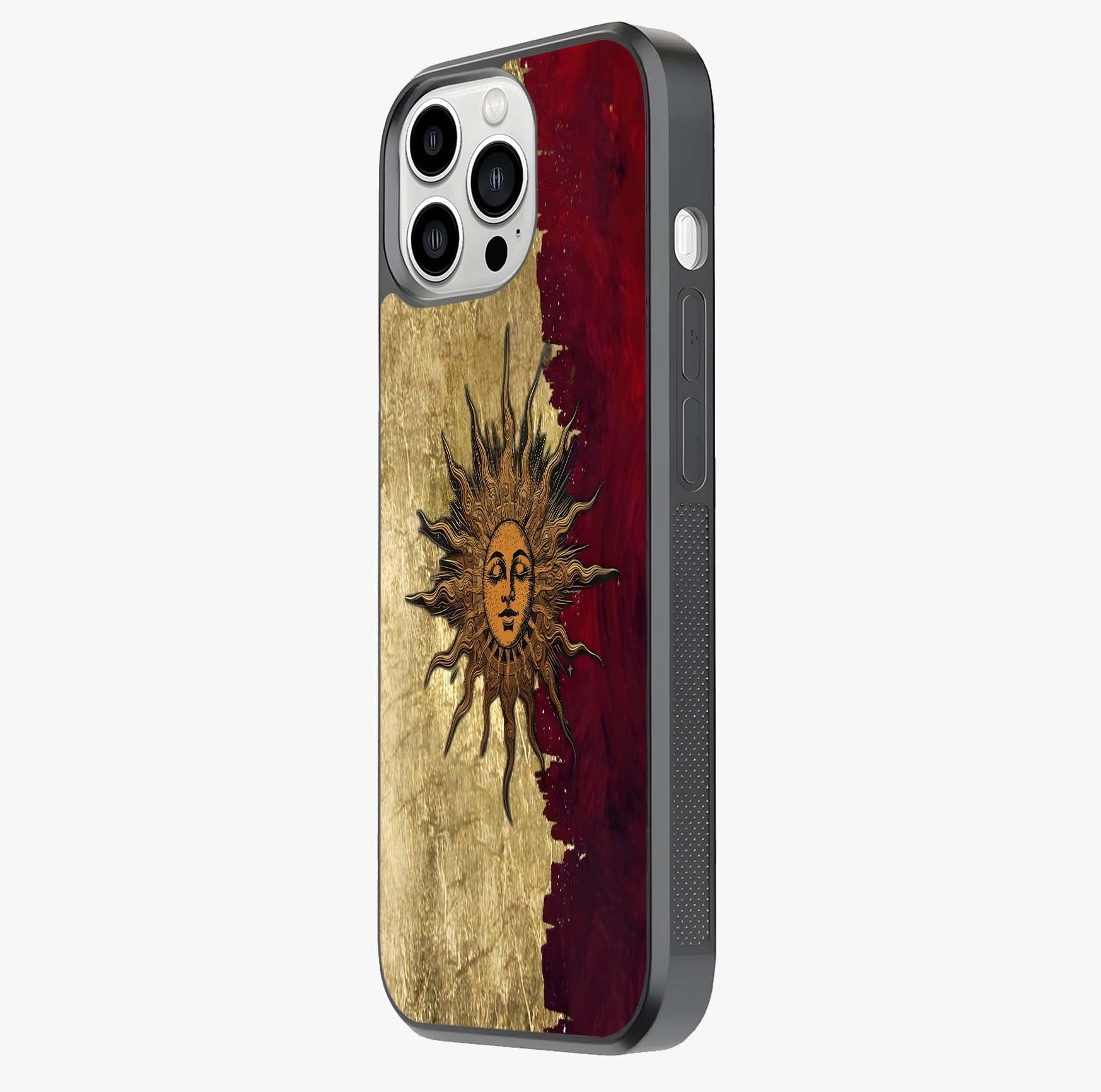 Crimson Sun Majesty Glass Case photographed in natural light showing reflective finish and design depth.