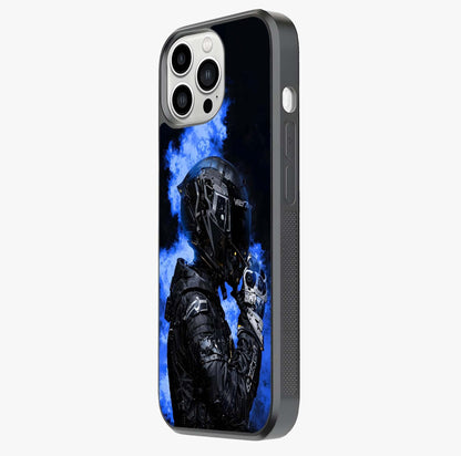 Cyber Sentinel Protocol Glass Case photographed in natural light showing reflective finish and design depth.