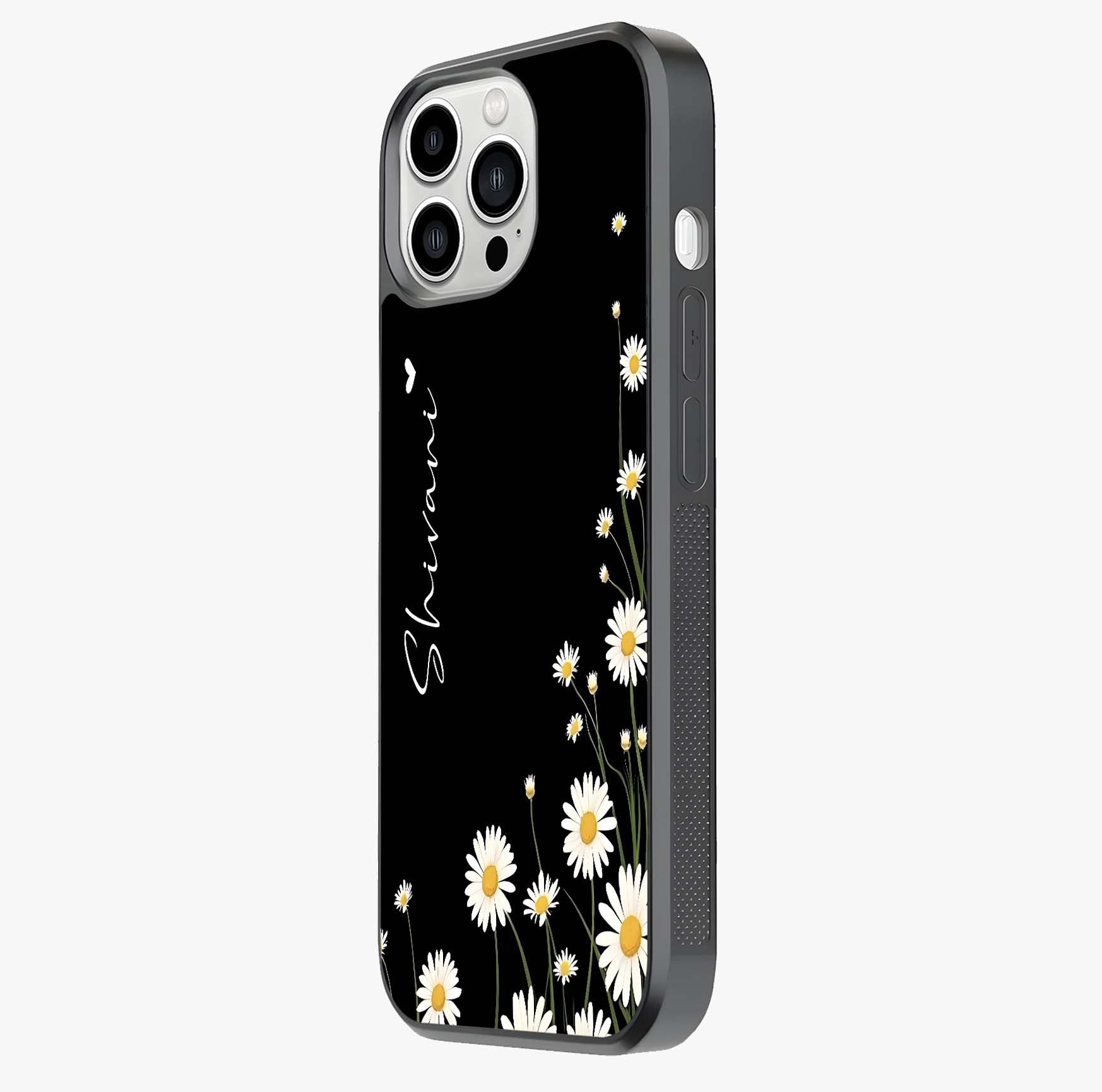 Daisy Cascade Custom Name Glass Case photographed in natural light showing reflective finish and design depth.