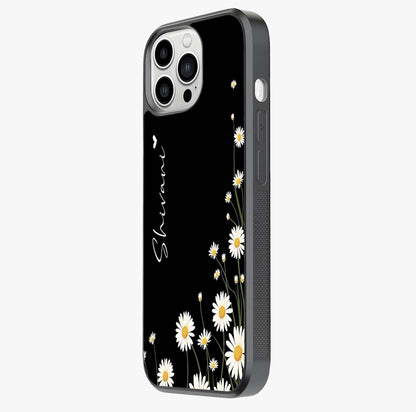 Daisy Cascade Custom Name Glass Case photographed in natural light showing reflective finish and design depth.