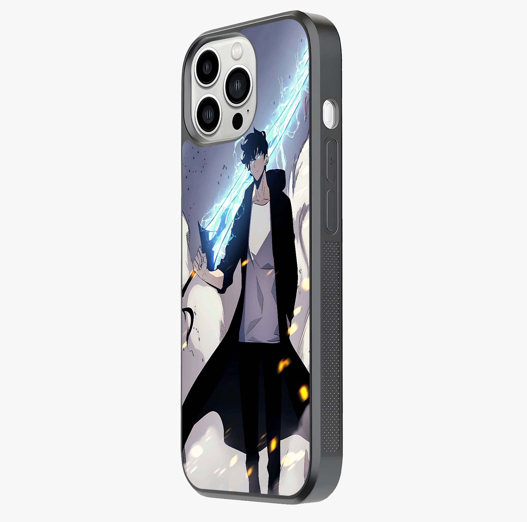 Dark Lightning Anime Warrior Glass Case photographed in natural light showing reflective finish and design depth.