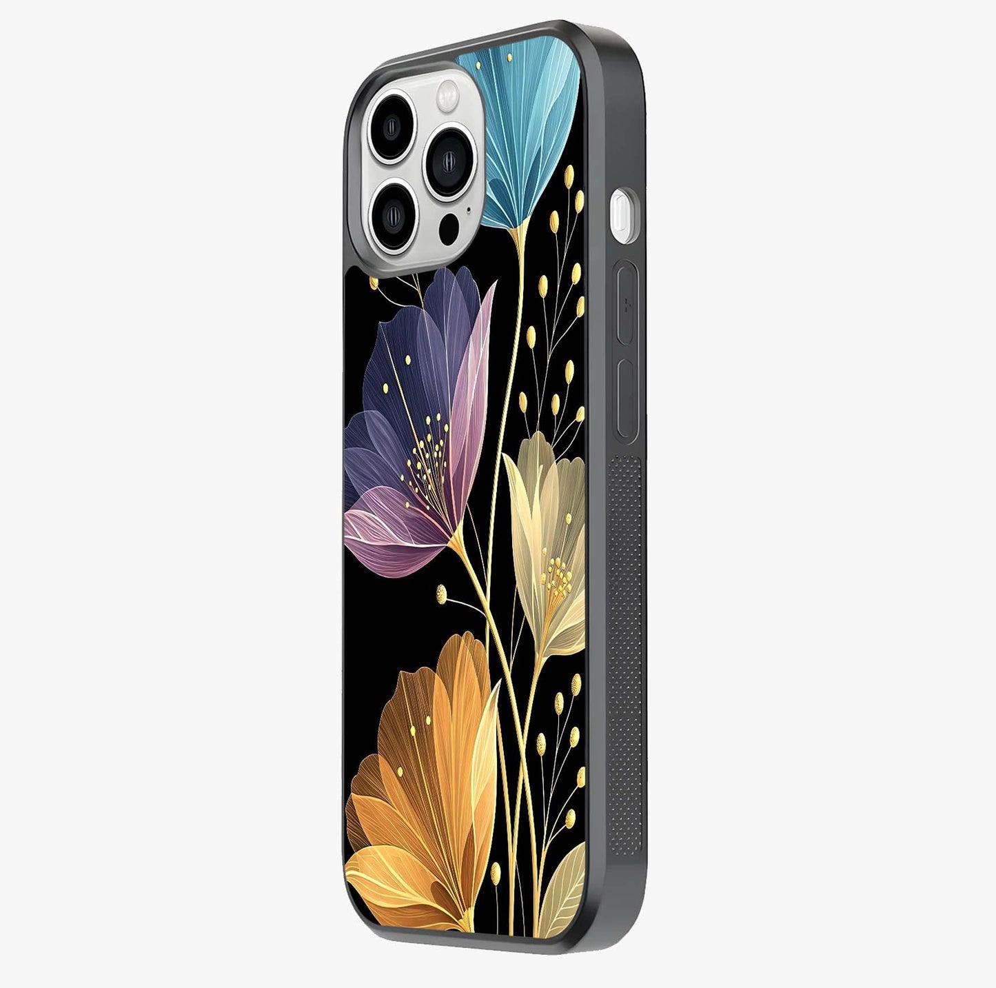 Delicate Multicolor Flowers Glass Case photographed in natural light showing reflective finish and design depth.