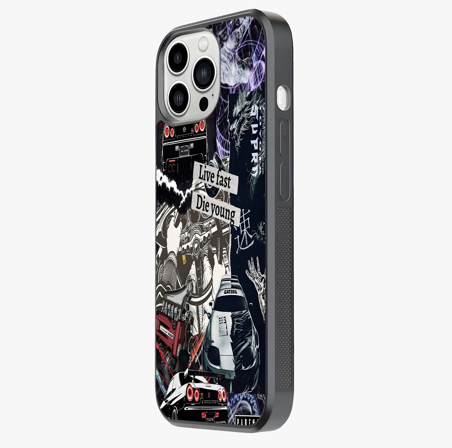 Die Young Glass Case photographed in natural light showing reflective finish and design depth.