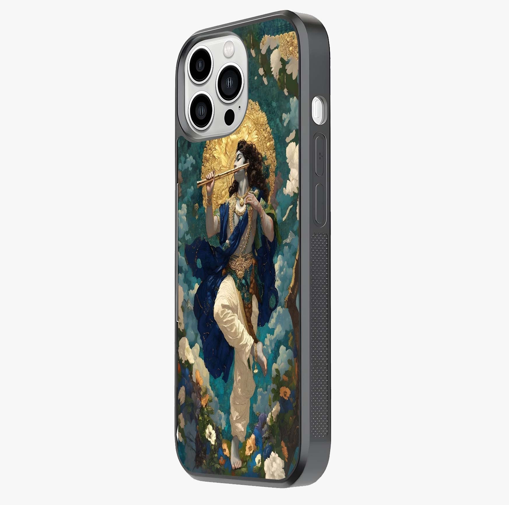 Divine Krishna Art Glass Case photographed in natural light showing reflective finish and design depth.