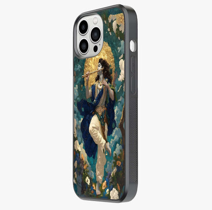 Divine Krishna Art Glass Case photographed in natural light showing reflective finish and design depth.