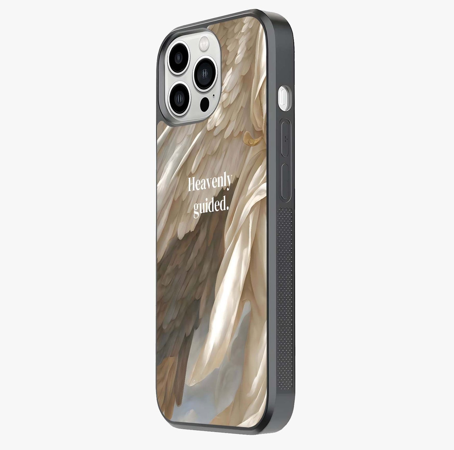 Divine Winged Grace Glass Case photographed in natural light showing reflective finish and design depth.