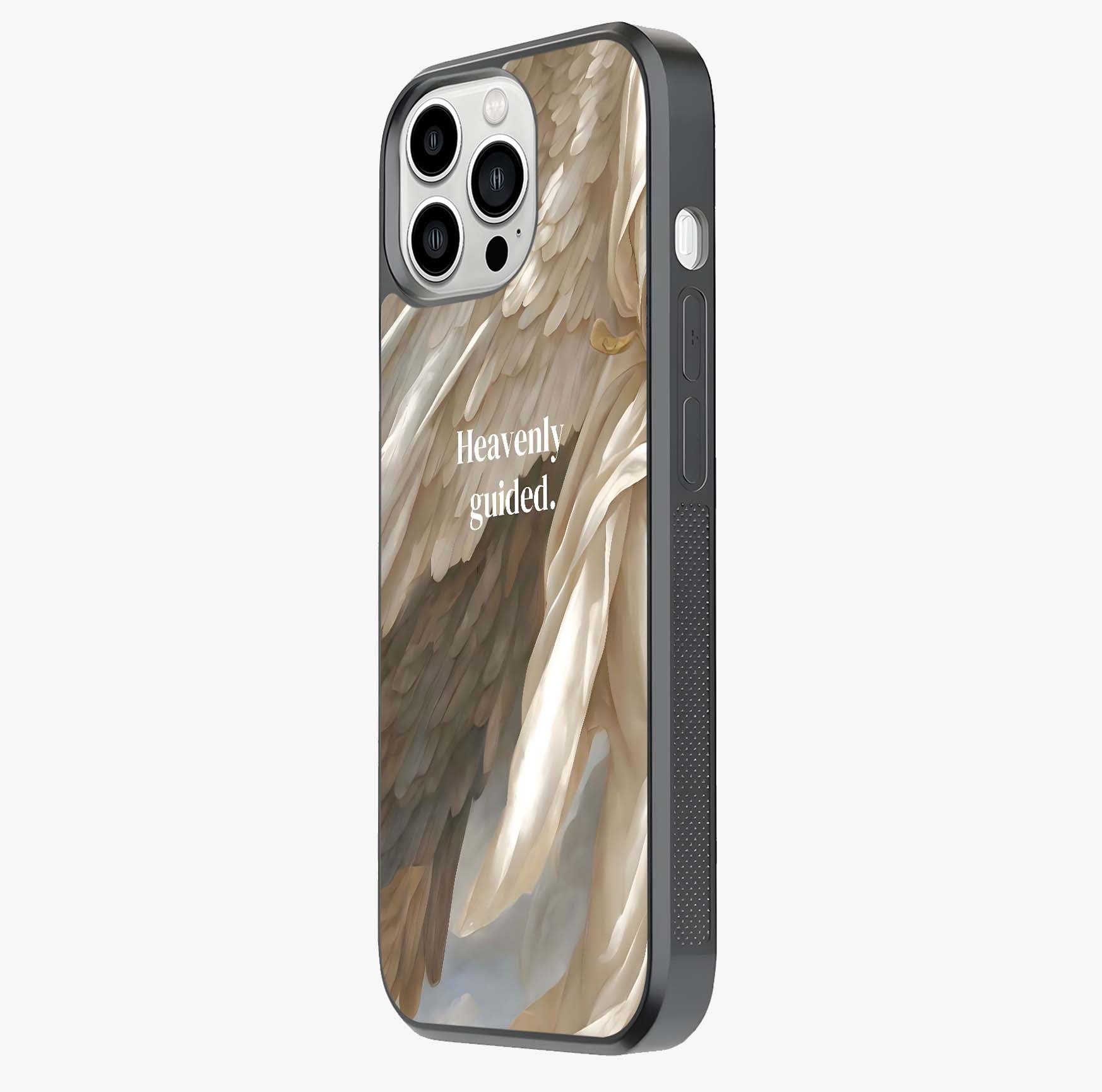Divine Winged Grace Glass Case photographed in natural light showing reflective finish and design depth.