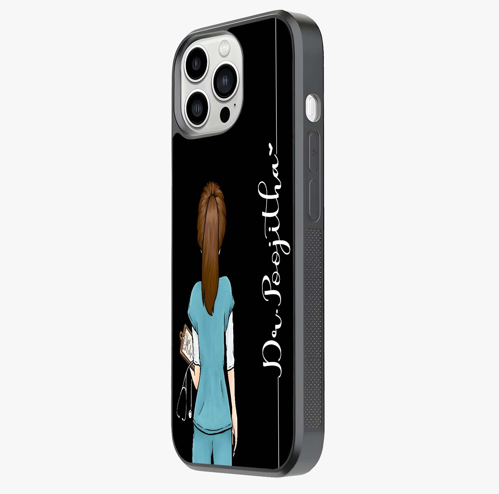 Doctor Pattern Custom Name Glass Case photographed in natural light showing reflective finish and design depth.