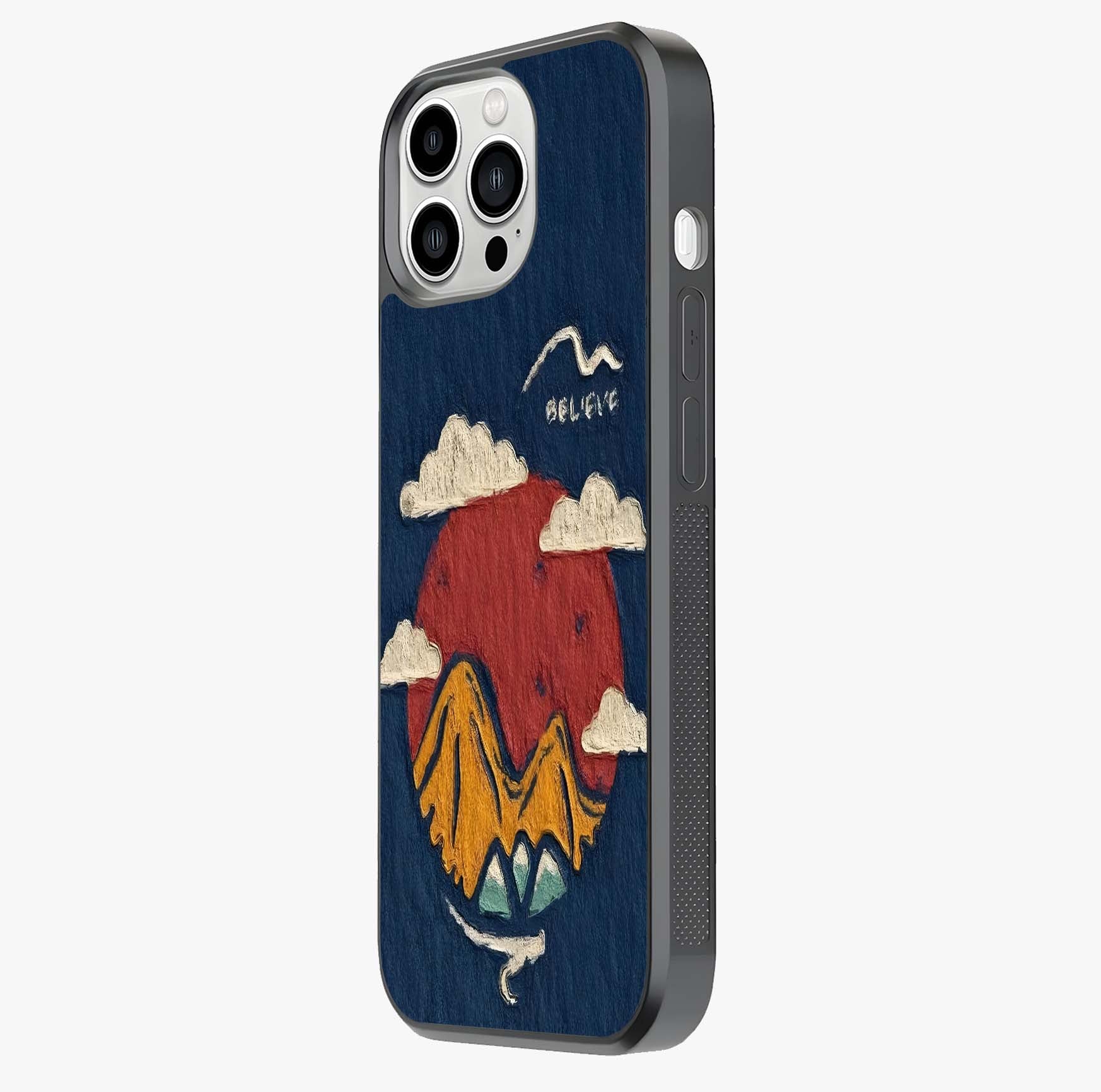 Dream Beyond Mountains Glass Case photographed in natural light showing reflective finish and design depth.