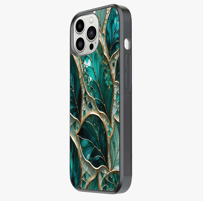 Emerald Leaf Glass Glass Case photographed in natural light showing reflective finish and design depth.